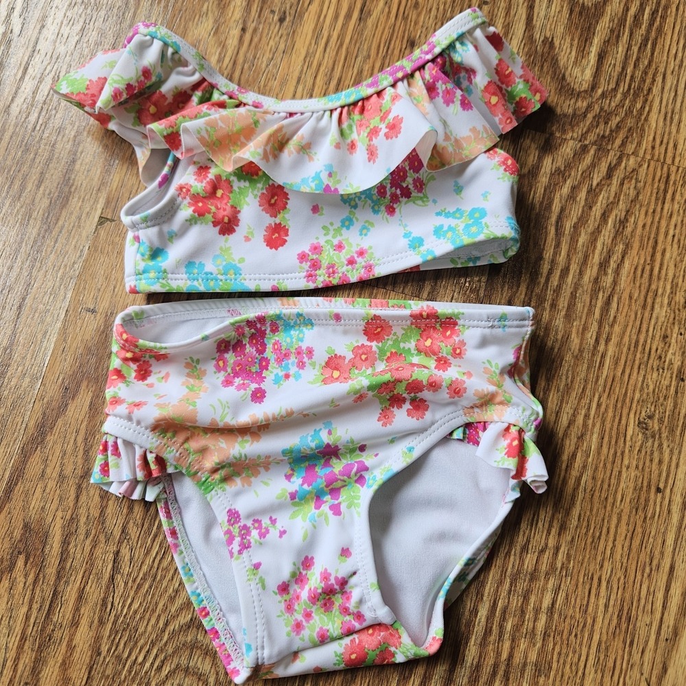 JANIE AND JACK Pink Blue White Floral Ruffle Swim Suit 6-12 Months NWOT